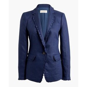 J Crew 100% Linen Navy Blue Ruffle Trim Blazer Jacket Size 8 One Button Preppy